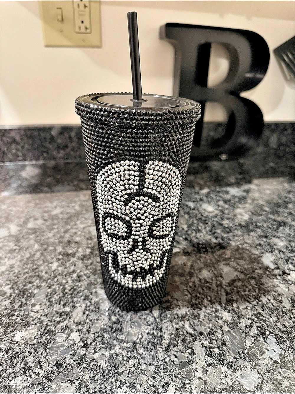 Black & Silver Rhinestone Skull Tumbler